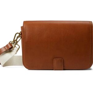 Madewell Camel Leather Flap Crossbody with Leather and Cream Straps